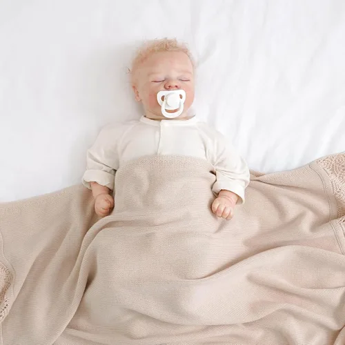Miniatura 3 de Hadetoto Manta de bebé de 31 x 40 pulgadas, manta de punto de algodón suave para niños recién nacidos, cuna, guardería (beige)