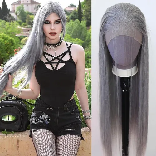 Miniatura 15 de 99J Peluca larga y lisa 99J color borgoña sintética con encaje frontal, predesfilada con línea de cabello natural para mujeres de moda, cabello