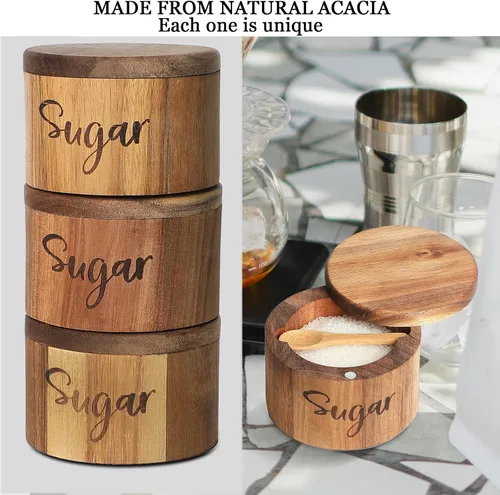 Miniatura 6 de Caja de especias de madera de acacia con cubierta giratoria para encimera de cocina, conservador de sal con cuchara integrada, moderno decorador