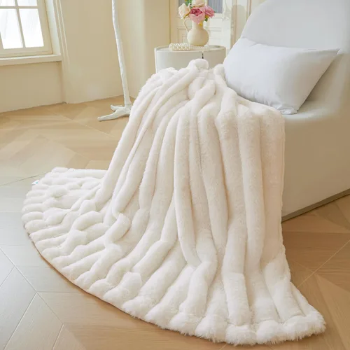 Miniatura 5 de MEGO Manta mullida de piel sintética de conejo, manta mullida de lujo con rayas acanaladas para cama, sofá, silla, manta peluda color marfil