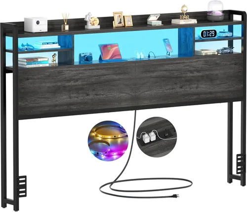Miniatura 9 de Aheaplus Cabecero para cama de tamaño individual con almacenamiento, cabeceros con luz LED, tomas de corriente, puertos USB, tamaño individual