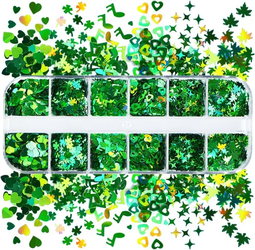 Miniatura 6 de 12 rejillas para el Día de San Patricio para uñas con purpurina y lentejuelas holográficas 3D trébol verde trébol para uñas con purpurina de corazón