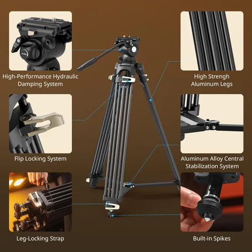 Miniatura 8 de SmallRig AD-01S - Trípode de video resistente de 74 pulgadas con cabezal fluido de inclinación y panorámica, placa de liberación rápida de modo