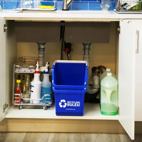 Miniatura 4 de ¡Reglas de reciclaje! Contenedor de papelera de reciclaje apilable de 6 galones en azul, reciclador práctico libre de BPA ecológico con asa, paquete