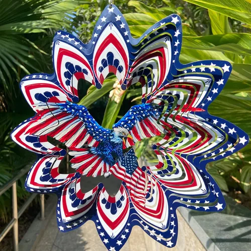 Hilanderos de Águila para Patio y Jardín, Hilandero de Viento Colgante, Atrapadores de Viento 3D de Metal, Hilandero Cinético de Bandera Americana