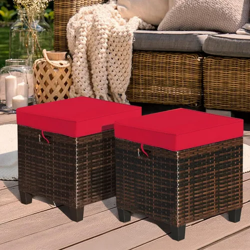 Miniatura 4 de HAPPYGRILL Juego de 2 piezas otomanas de mimbre de ratán para exteriores, con cojines extraíbles, muebles de patio, reposapiés, asiento para Marrón