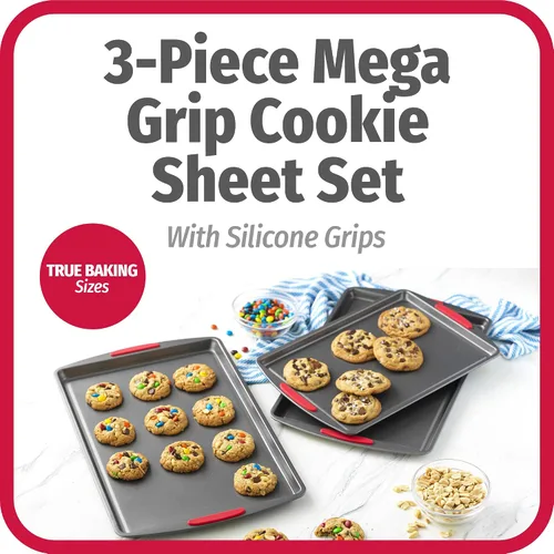 Miniatura 2 de GoodCook MegaGrip - Juego de 3 bandejas de acero antiadherente multiusos con asas de agarre de silicona, color gris