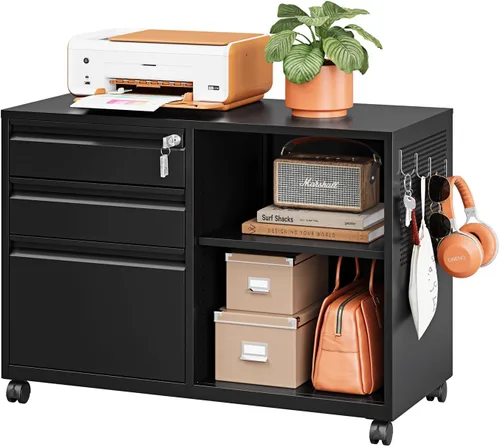 Miniatura 27 de Archivador de metal con 2 cajones con cerradura, gabinete archivador con soporte para impresora móvil y estantes para archivos de tamaño Negro