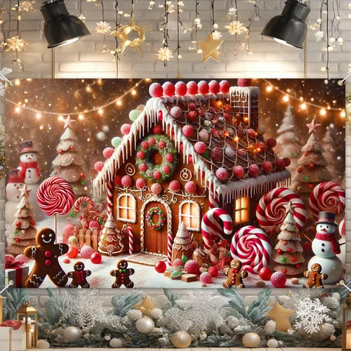 Miniatura 13 de BlissYard Telón de fondo de tren de Papá Noel, 71 x 43 pulgadas, pancarta de escena de Navidad de pan de jengibre, fondo de fotos para fiestas