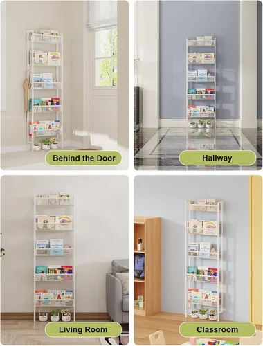Miniatura 8 de B8 - Estantería para niños montada en la pared, estantería de pared de 5 niveles para niños, organizador de libros infantiles para juguetes y Blanco