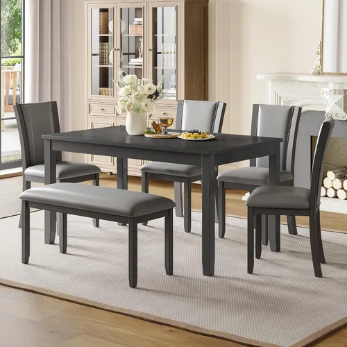 Juego de mesa de comedor de 6 piezas con banco y sillas, juego de mesa de comedor de cocina de madera maciza en estilo rústico de granja, juego de