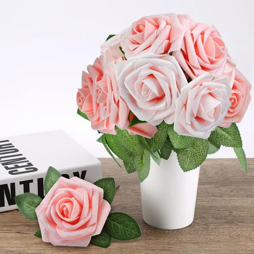 Miniatura 3 de Higfra Flores artificiales, 25 rosas falsas de espuma de aspecto real con tallos para ramos de boda, centros de mesa de despedida de soltera, Brillo