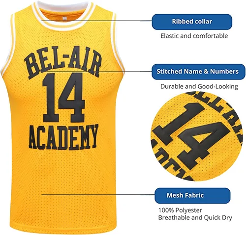 Miniatura 3 de Youth #14The Fresh Prince of Bel Air Academy, para niños, camiseta de baloncesto para hombres, cómodas camisas deportivas bordadas