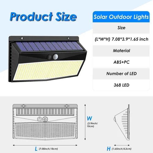 Miniatura 5 de 368 luces LED solares para exteriores con sensor de movimiento, valla solar con 3 modos de iluminación, seguridad alimentada, impermeable