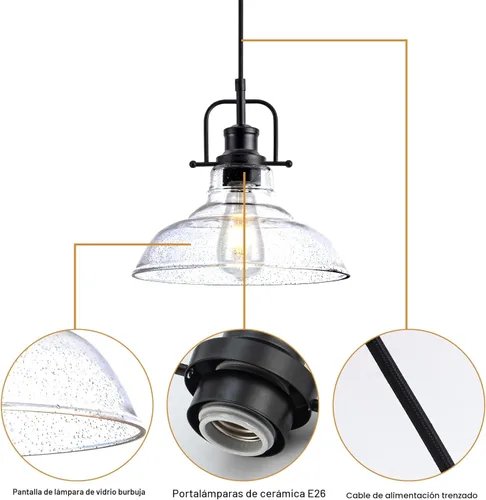 Miniatura 9 de Zlepmlla Lámpara Colgante de Vidrio, Luminarias Colgantes Negras con Pantalla de Vidrio Texturizado, Luces Colgantes de Altura Ajustable para Negro