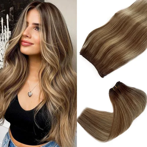 Miniatura 17 de Extensiones de trama de cabello humano real, para coser, con mechas rubias, cabello Remy marrón cenizo mezclado con rubio platino, atado a mano - 14