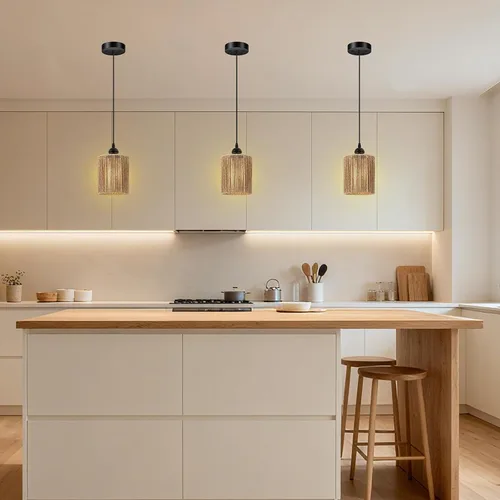 Miniatura 6 de BoostArea Luces Colgantes de Ratán para Isla de Cocina, Candelabro de Estilo Rústico con Pantalla de Mimbre Tejida a Mano, Luz Colgante Bohemia