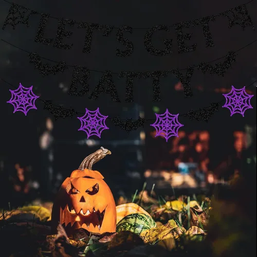 Miniatura 7 de Pancarta de decoración de fiesta de telaraña negra y morada de Halloween, 8 piezas de murciélagos de papel, remolinos colgantes, remolinos