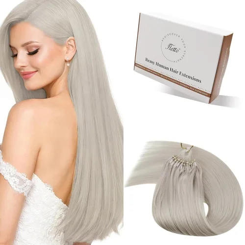 Miniatura 26 de Hetto Extensiones de cabello humano con nano cuentas, balayage, extensiones de cabello humano, color negro degradado a plateado, extensiones