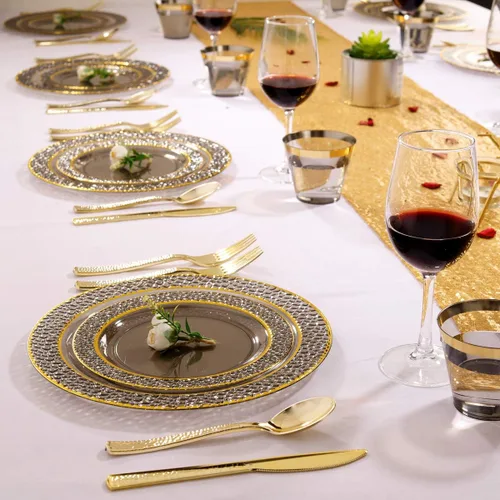 Miniatura 5 de Nervure - 150 piezas de platos de plástico negro transparente - Platos de fiesta dorados - Set de vajilla negra y dorada incluye: 50 platos, 25