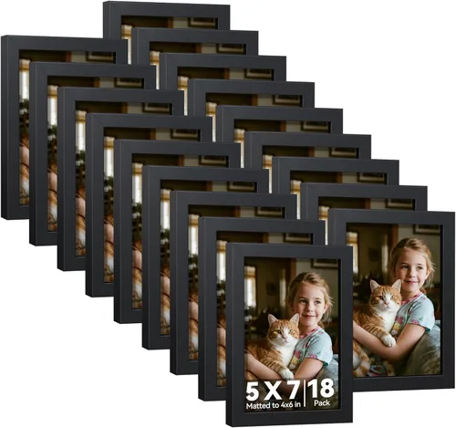 HappyHapi Juego de 18 marcos de fotos de 5 x 7 pulgadas, marcos para fotos negros, muestra fotos de 5 x 7 sin alfombrilla o 4 x 6 con alfombrilla,