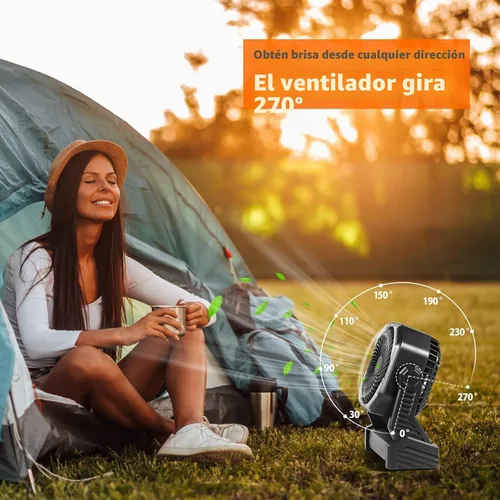 Miniatura 7 de Ventilador de camping de 20000 mAh, recargable, funciona con batería con gancho giratorio de 360°, luz de 400 lúmenes, pivote de 270°, 4