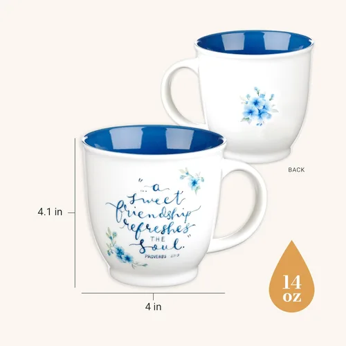 Miniatura 2 de Taza de cerámica de arte cristiano azul floral – 14 oz. Taza de café y té inspiradora con escrituras bíblicas apta para microondas y lavavajillas