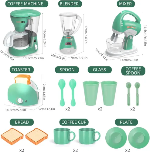 Miniatura 8 de Yalujumb Juego de juguetes de cocina, juego de electrodomésticos de cocina con cafetera, mezclador, tostadora con luces y sonidos realistas, regalo