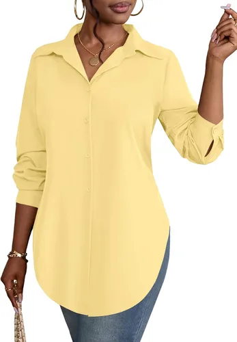 Miniatura 15 de Rooscier Blusa larga con cuello en V para mujer, manga larga, abertura lateral, con botones