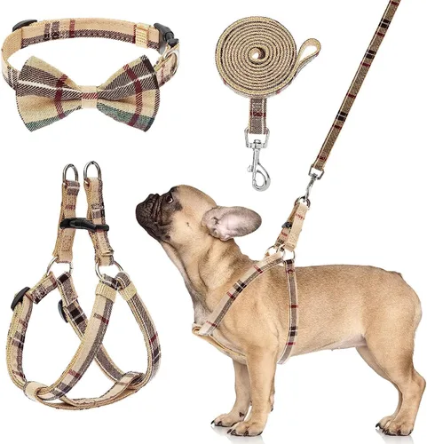Miniatura 12 de Juego de arnés para perro con correa y collar de corbatín - Arnés para cachorro a cuadros beige, a prueba de escape, chaleco ajustable sin tirones