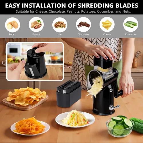 Miniatura 6 de Rallador de queso giratorio 5 en 1, rebanador de verduras con asa, rallador de queso de manivela mejorado con mango y base de succión fuerte, Blanco