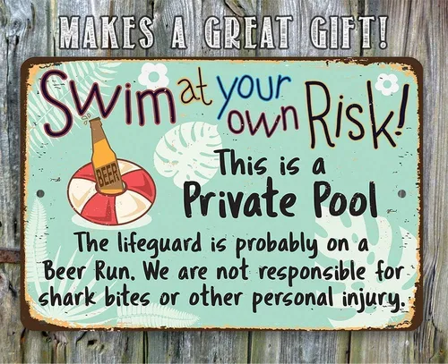 Miniatura 8 de Cartel de piscina – Arte de pared de metal «Swim at Your Own Risk» – Decoración duradera de piscina al aire libre para terraza, patio o patio