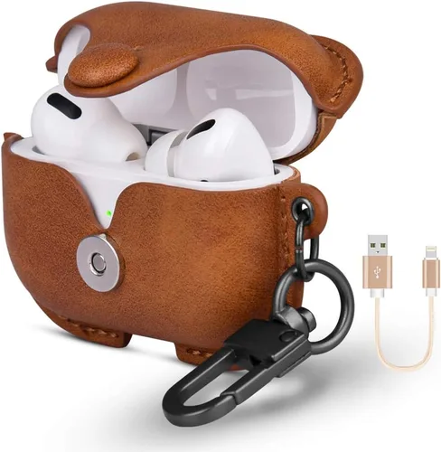Funda de piel auténtica para AirPods Pro, funda de carga inalámbrica para Apple AirPods Pro, funda de cuero suave con gancho para llavero [LED