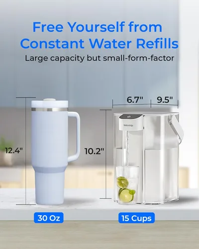 Miniatura 3 de Waterdrop - Jarra con filtro de agua alcalina eléctrica, dispensador recargable, purificador de 200 galones al instante, 15 tazas para encimera