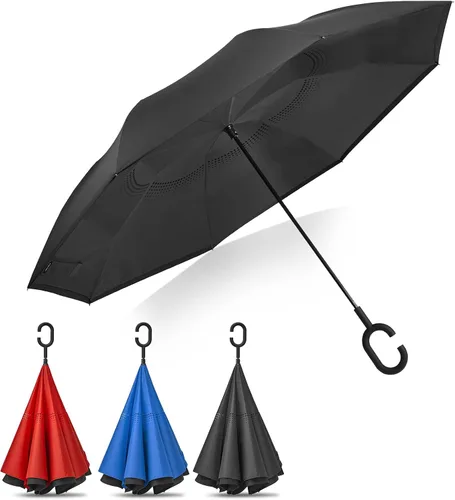 Miniatura 9 de G4Free Paraguas invertido grande de 62 pulgadas con mango en forma de C, resistente al viento, doble capa al revés, paraguas de lluvia