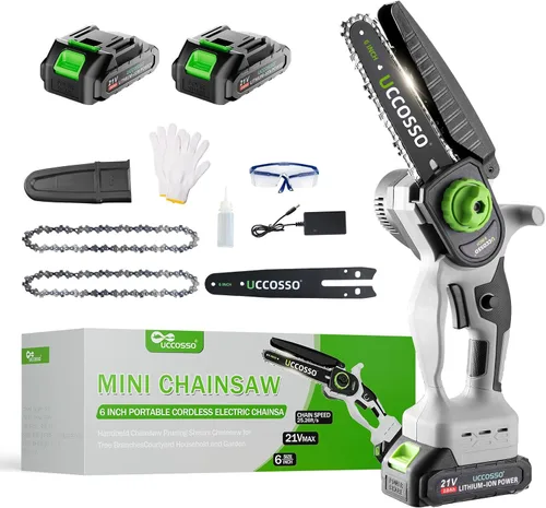 Mini motosierra inalámbrica de 6 pulgadas, motosierra eléctrica con motor fuerte, 2 cadenas incluidas para recortar árboles, corte de ramas, claro