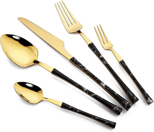 Miniatura 9 de JASHII Juego de cubiertos de acero inoxidable con textura de mármol, 24 piezas, tenedor de cuchillo, cuchara de té, cubiertos plateados para 6