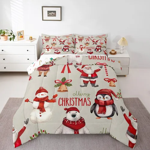 Miniatura 26 de Erosebridal Juego de edredón de Feliz Navidad, tamaño individual, divertido edredón de Papá Noel para niños y niñas, edredón de plumón de pingüino