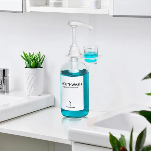 Miniatura 6 de Dispensador de enjuague bucal de vidrio con portavasos y bomba, dispensador de enjuague bucal rústico bohemio de 16 oz para decoración de baño