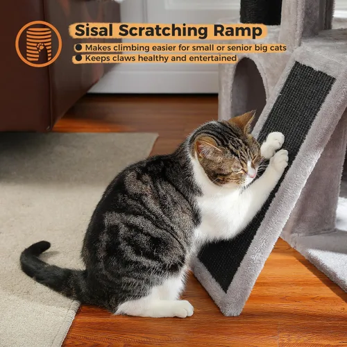 Miniatura 6 de MUTTROS Árbol de Servicio Pesado para Gatos de Interior Adultos, Torre para Gatos de 45 Pulgadas con Rampa Rascadora de Sisal, 2 Condominios