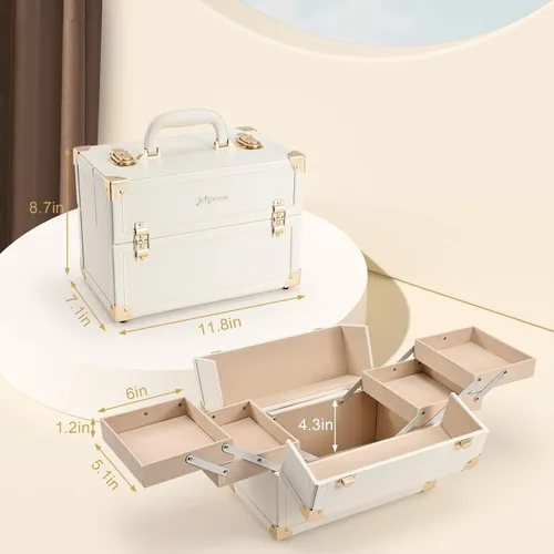 Miniatura 7 de Joligrace - Estuche de maquillaje portátil grande con organizador de almacenamiento de cosméticos con cerradura, con 4 compartimentos de bandeja