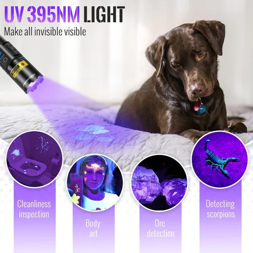 Miniatura 3 de DARKBEAM Linterna UV 365nm y 395nm Luz Negra Dual, Linterna Ultravioleta LED Recargable por USB con Luz Negra, Lámpara Woods Enfocable Potente
