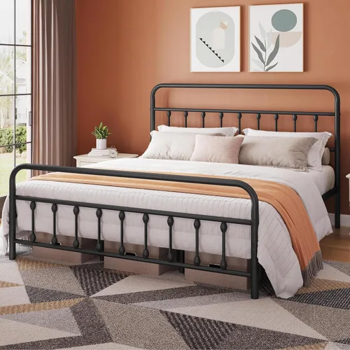 Miniatura 3 de Topeakmart Base de cama de metal de estilo victoriano tamaño California King con cabecero, base de colchón, no necesita somier, almacenamiento