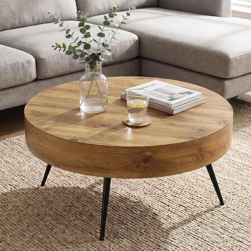 Miniatura 2 de LKTART Mesa de centro para sala de estar, mesas de centro redondas de madera con almacenamiento, mesa de té moderna de centro de metal para Marrón