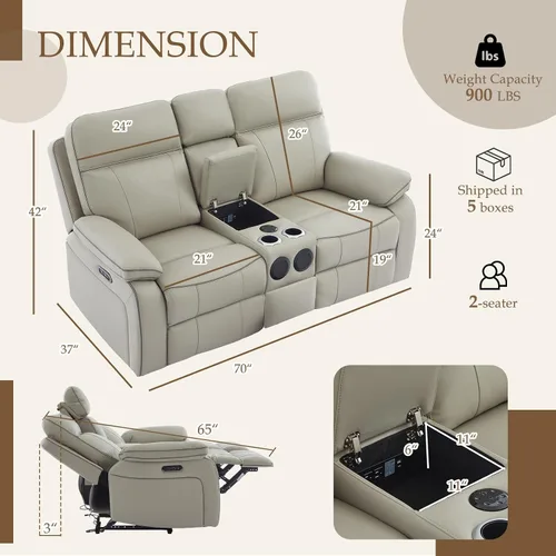 Miniatura 2 de Sofá biplaza reclinable eléctrico con luz de lectura LED, cajón de almacenamiento, altavoces Bluetooth, sofá reclinable de pared con enchufes