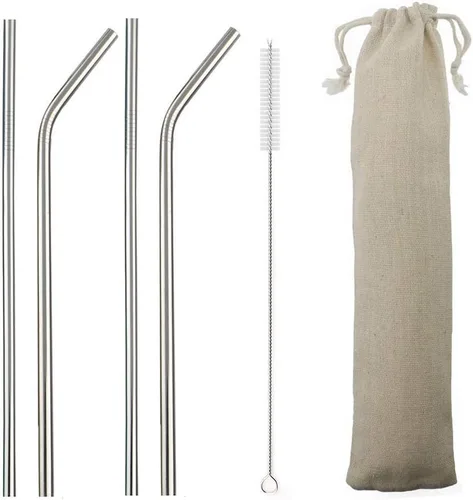 Miniatura 6 de Pajitas de acero inoxidable de 8.5 pulgadas, paquete de 4 (2 rectas, 2 dobladas, 1 cepillo), ultra largas, ecológicas, incluye cepillo de limpieza