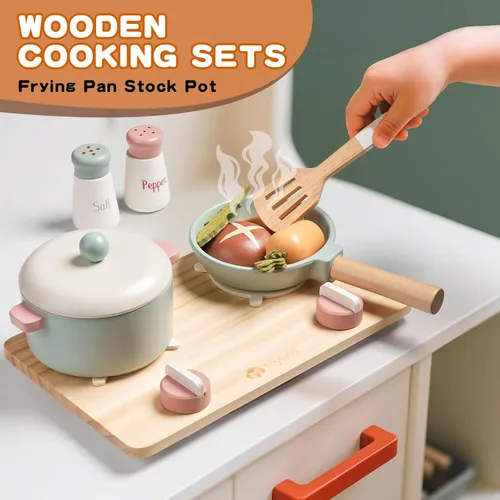 Miniatura 4 de Accesorios de cocina de juguete de madera, juegos de ollas y sartenes de simulación para juego de cocina de niños con estufa de juguete