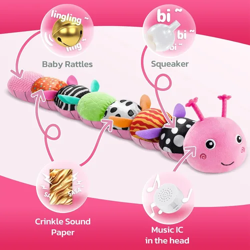 Miniatura 3 de HEMRLY Juguetes de regalo para bebés, juguete sensorial de 0 a 6 meses, oruga musical de peluche suave con dentición, sonajero para tiempo de Rosa