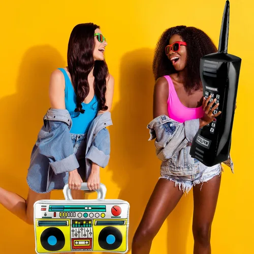 Miniatura 4 de Paquete de 6 micrófonos inflables de radio Boombox para teléfonos móviles inflables para decoraciones de fiesta de los años 80 y 90, temática de hip