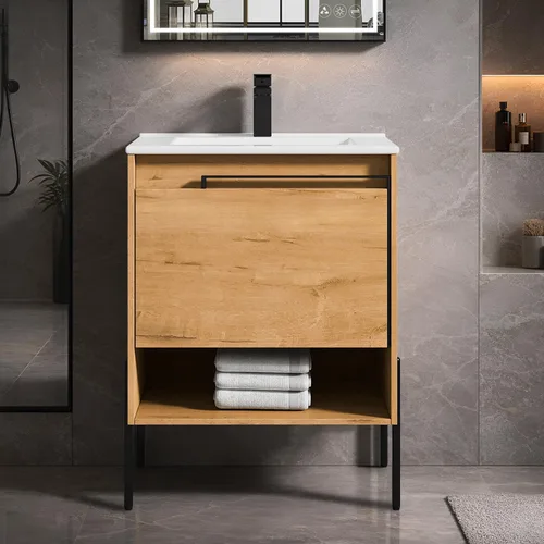 Miniatura 10 de Blossom Turin - Mueble de baño de roble Classik de 24 pulgadas con fregadero acrílico, gabinete independiente minimalista de madera, diseño moderno